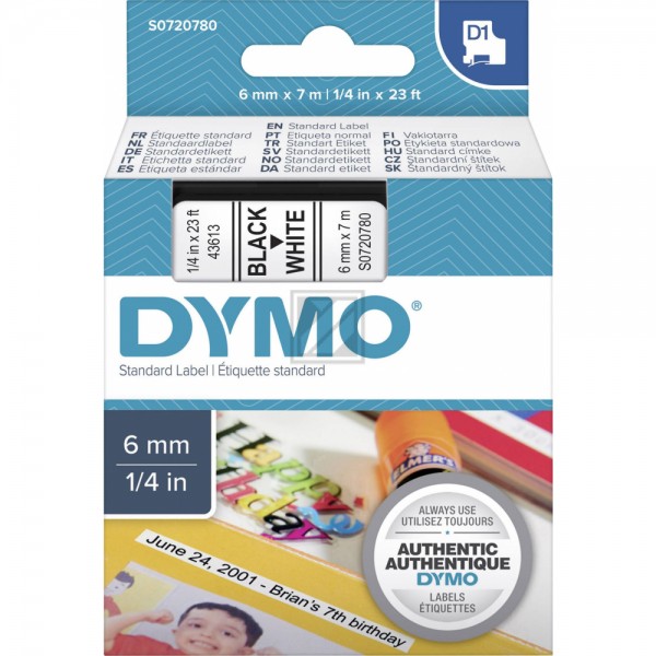 Original DYMO 43613 Schriftband Schwarz auf Weiss 6mm x 7m