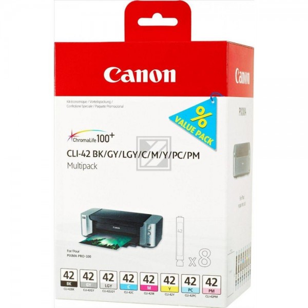 8 Canon CLI-42 BK/C/M/Y/PC/PM/GY/LGY schwarz, cyan, magenta, gelb, Foto cyan, Foto magenta Tintenpat