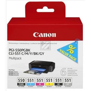 6 Canon PGI-550 PGBK + CLI-551 BK/C/M/Y/GY 2x schwarz, cyan, magenta, gelb, grau Tintenpatronen