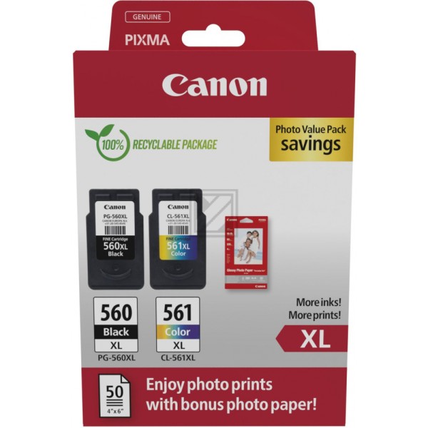 Canon PG-560XL + CL-561XL schwarz, color Druckköpfe + Fotopapier, 2er-Set