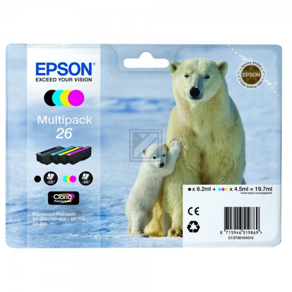 4 EPSON 26 / T2616 schwarz, cyan, magenta, gelb Tintenpatronen